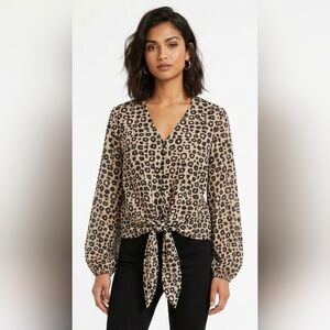 Joseph Ribkoff Beige and Black Leopard Tie-Front V-Neck Blouse Size 4